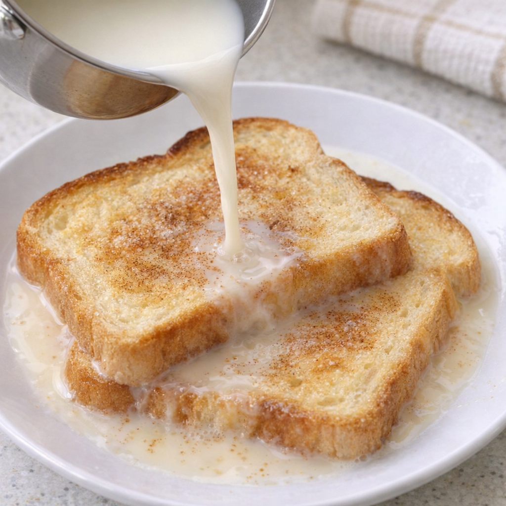 Warm milk being poured over toast
