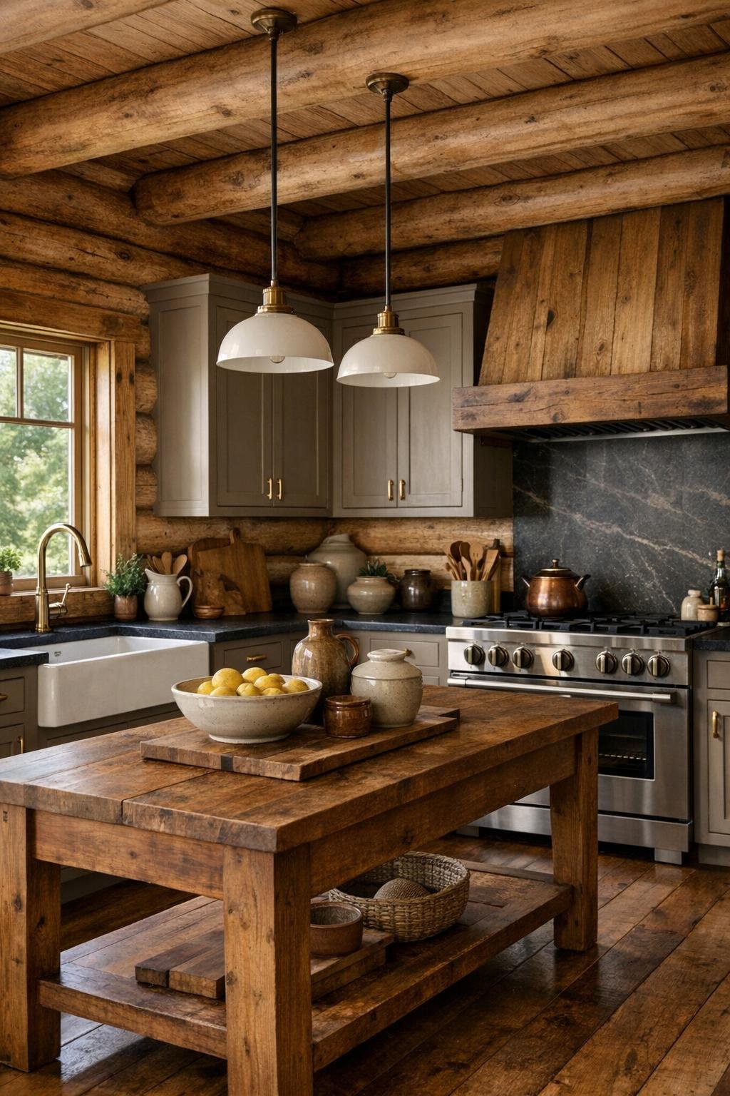 Rustic kitchen with mushroom-toned cabinets, soapstone counters, and a central island