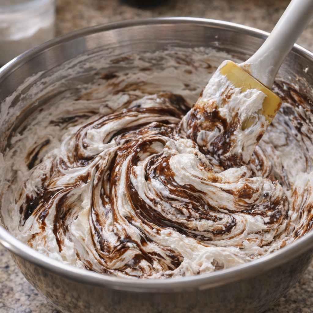 Chocolate whipped topping mixture being folded in a mixing bowl