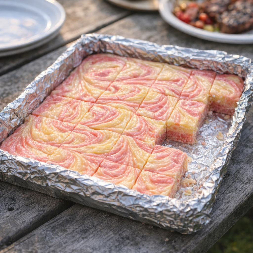 Pan of pink and yellow swirled fudge on a picnic table