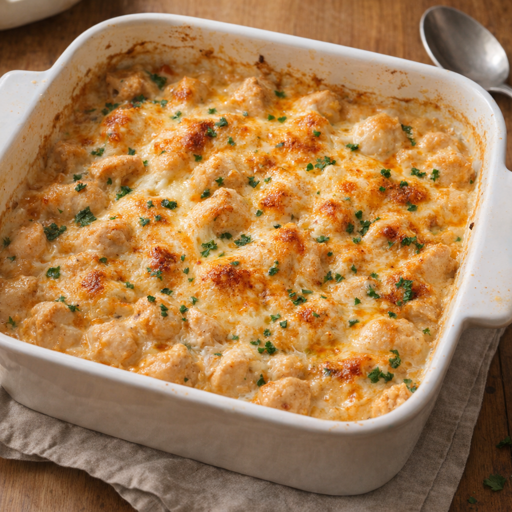 Freshly baked Chicken Madison in a ceramic baking dish