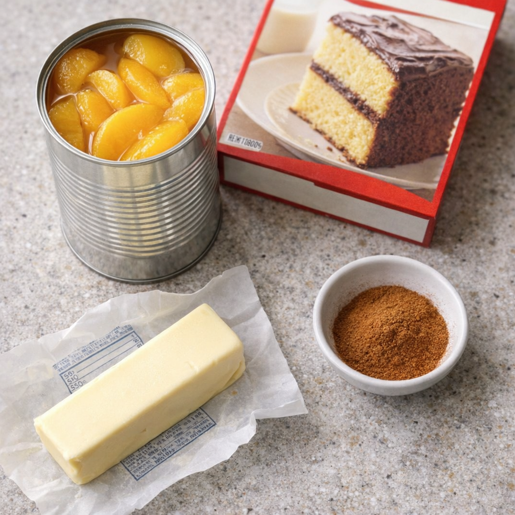 Canned peaches, cake mix, butter, and cinnamon arranged on a kitchen counter