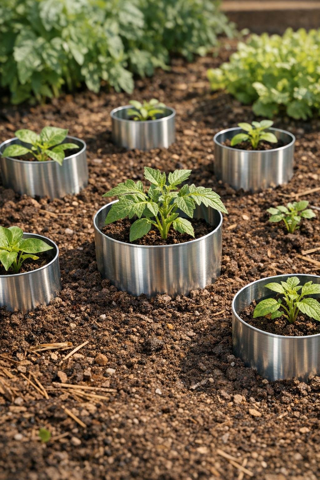 Finished slug and snail collars protecting young garden plants