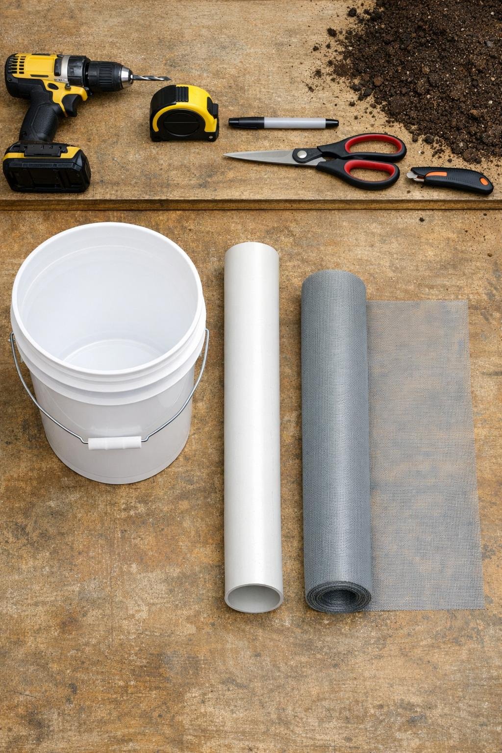 Materials for a bucket deep-root watering spike laid out together