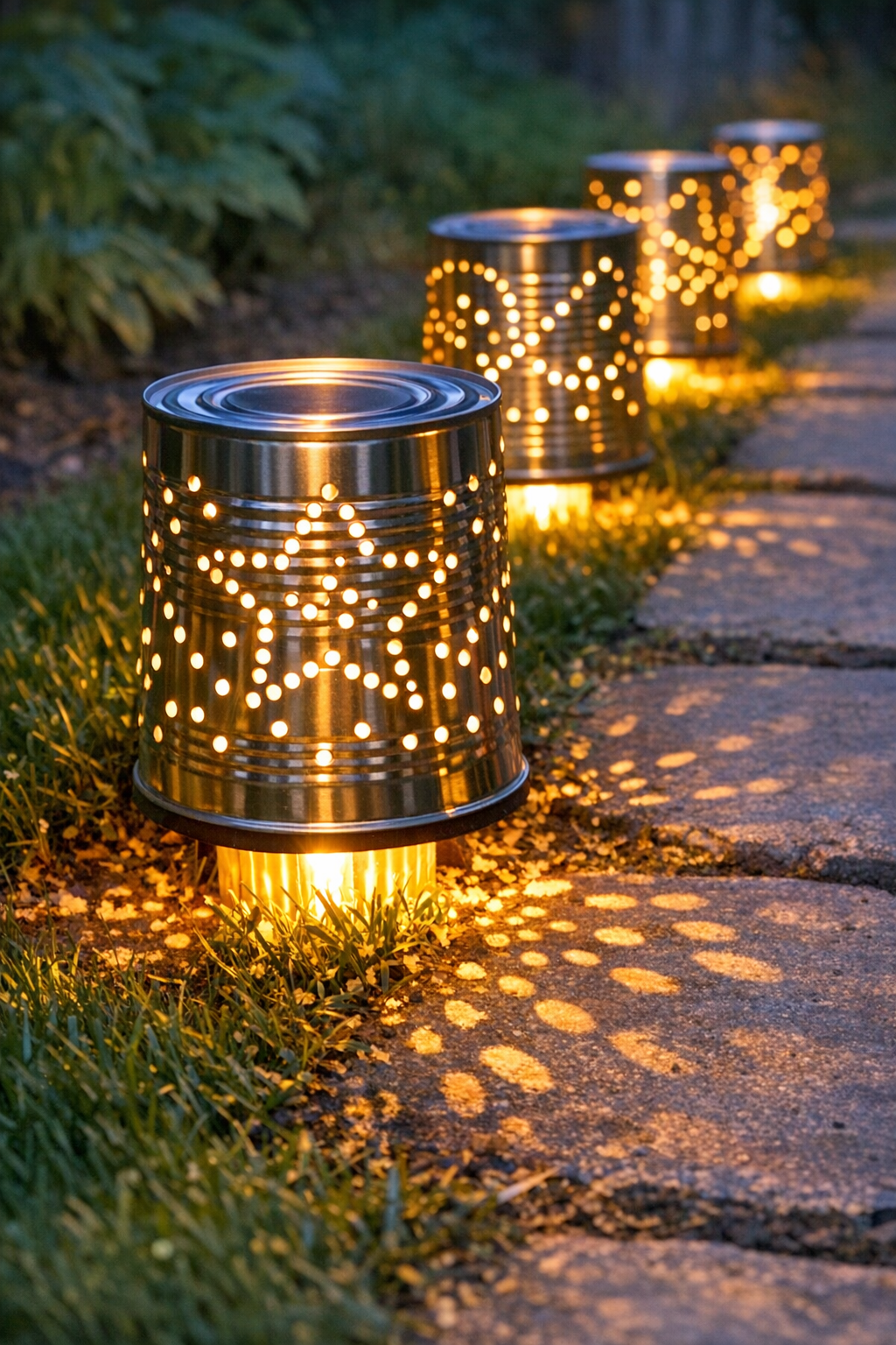 Finished glowing backyard pathway lights made from silver tin cans and solar lights