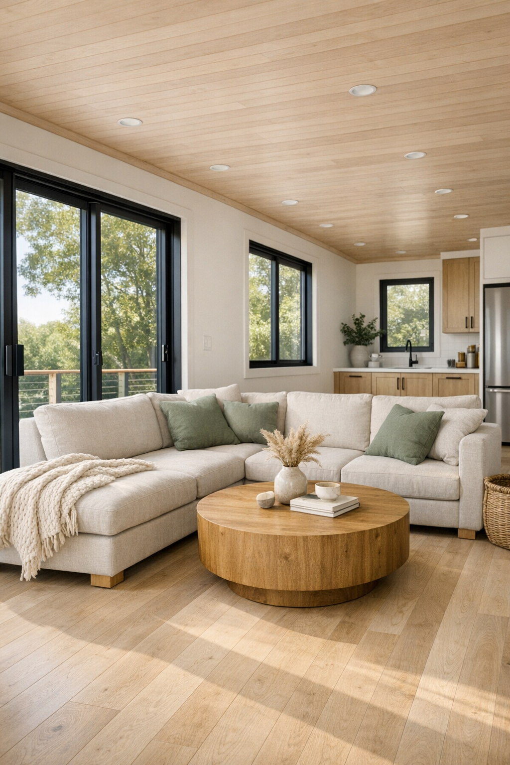 Warm modern living room with pale oak floors, oatmeal sectional, and large black-framed windows