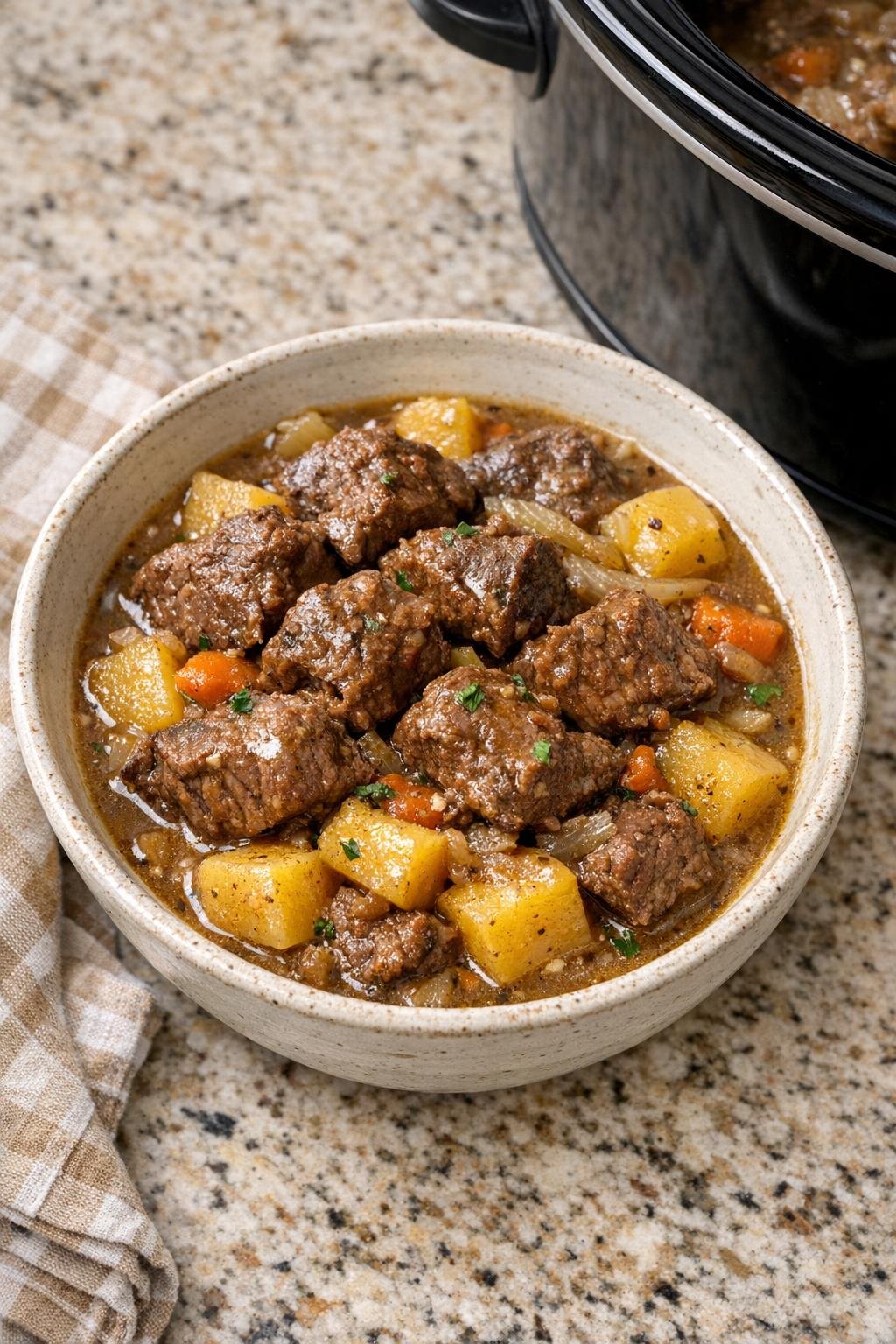 Finished beef and rutabaga stew served in a rustic bowl