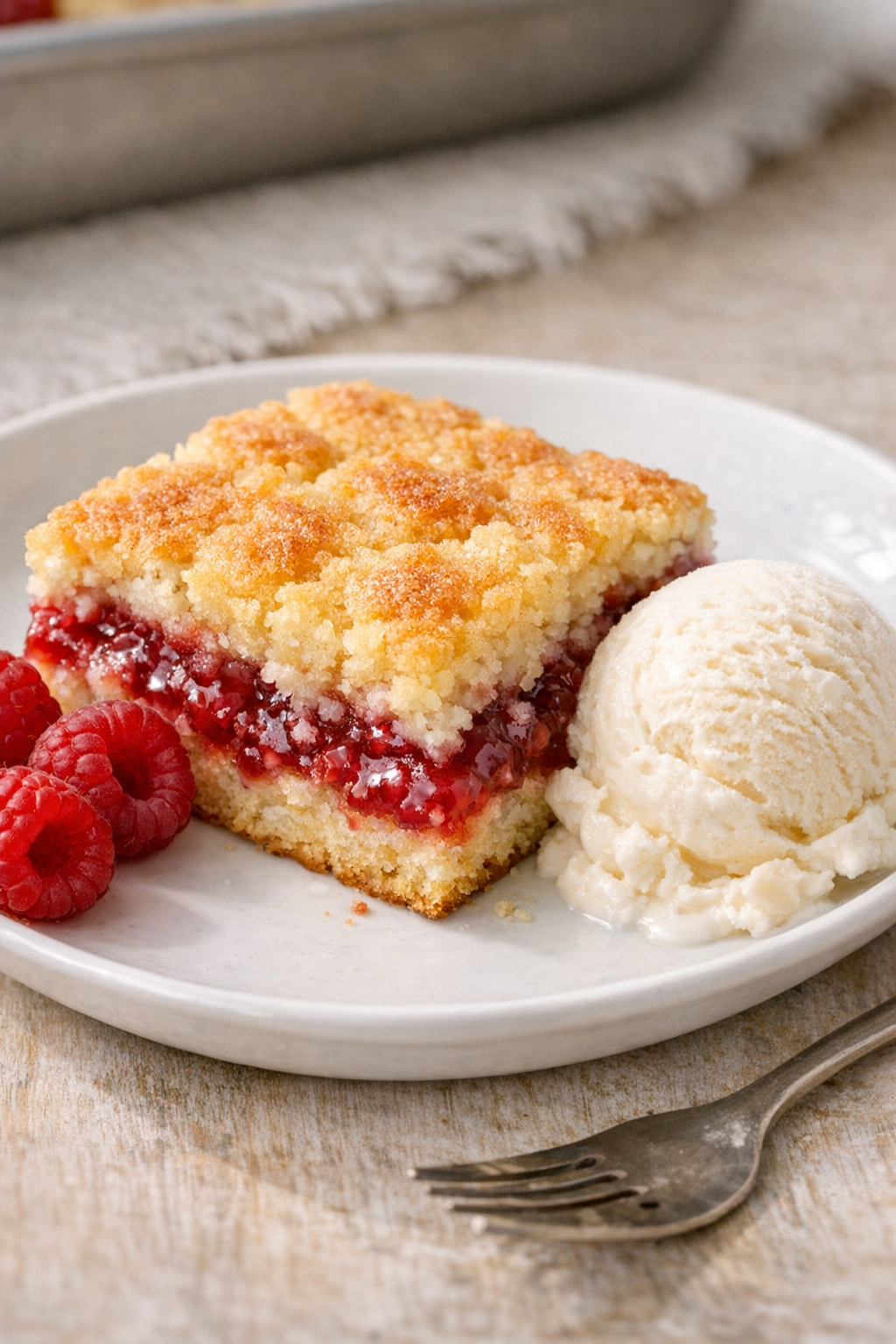 Plated raspberry dessert square with ice cream
