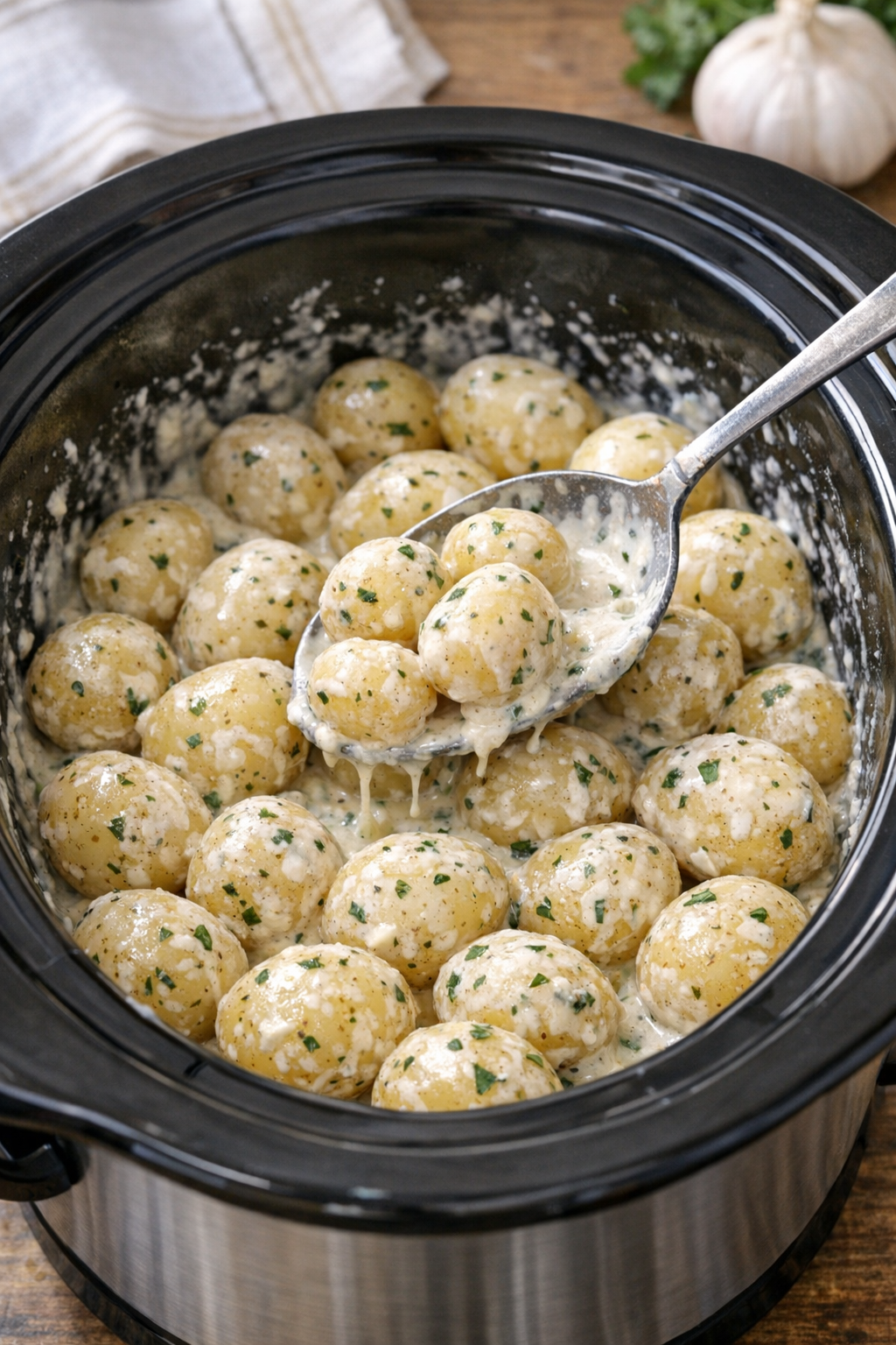 Potatoes being coated with creamy sauce in the slow cooker