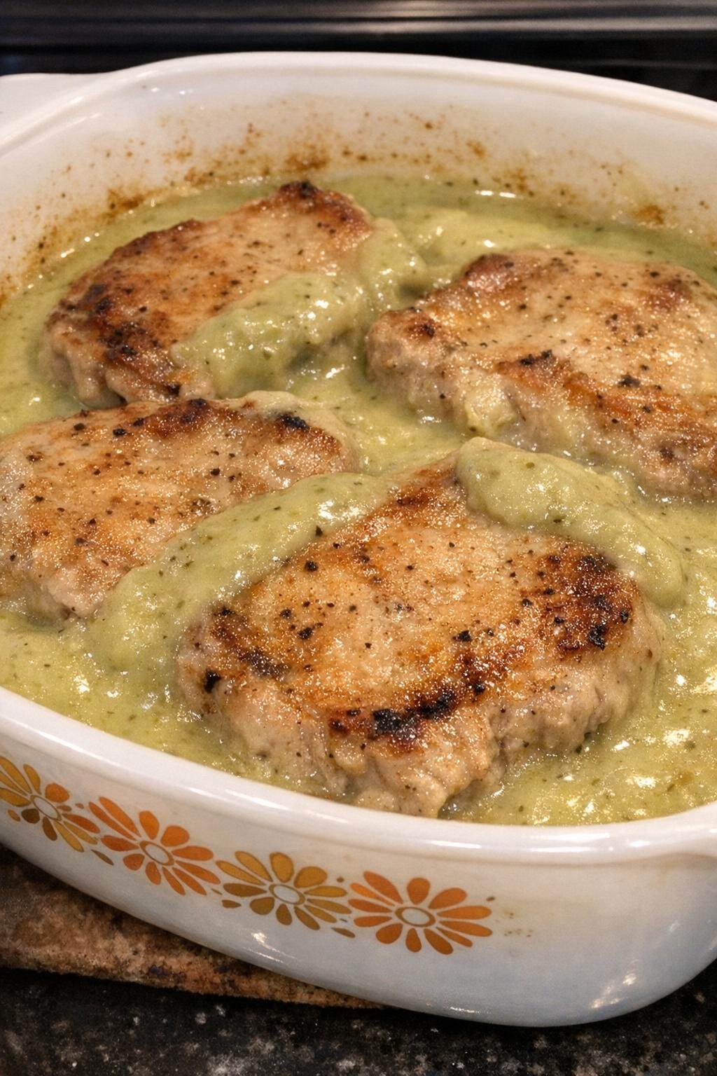 Golden-browned pork chops in creamy pea soup sauce in a vintage casserole dish