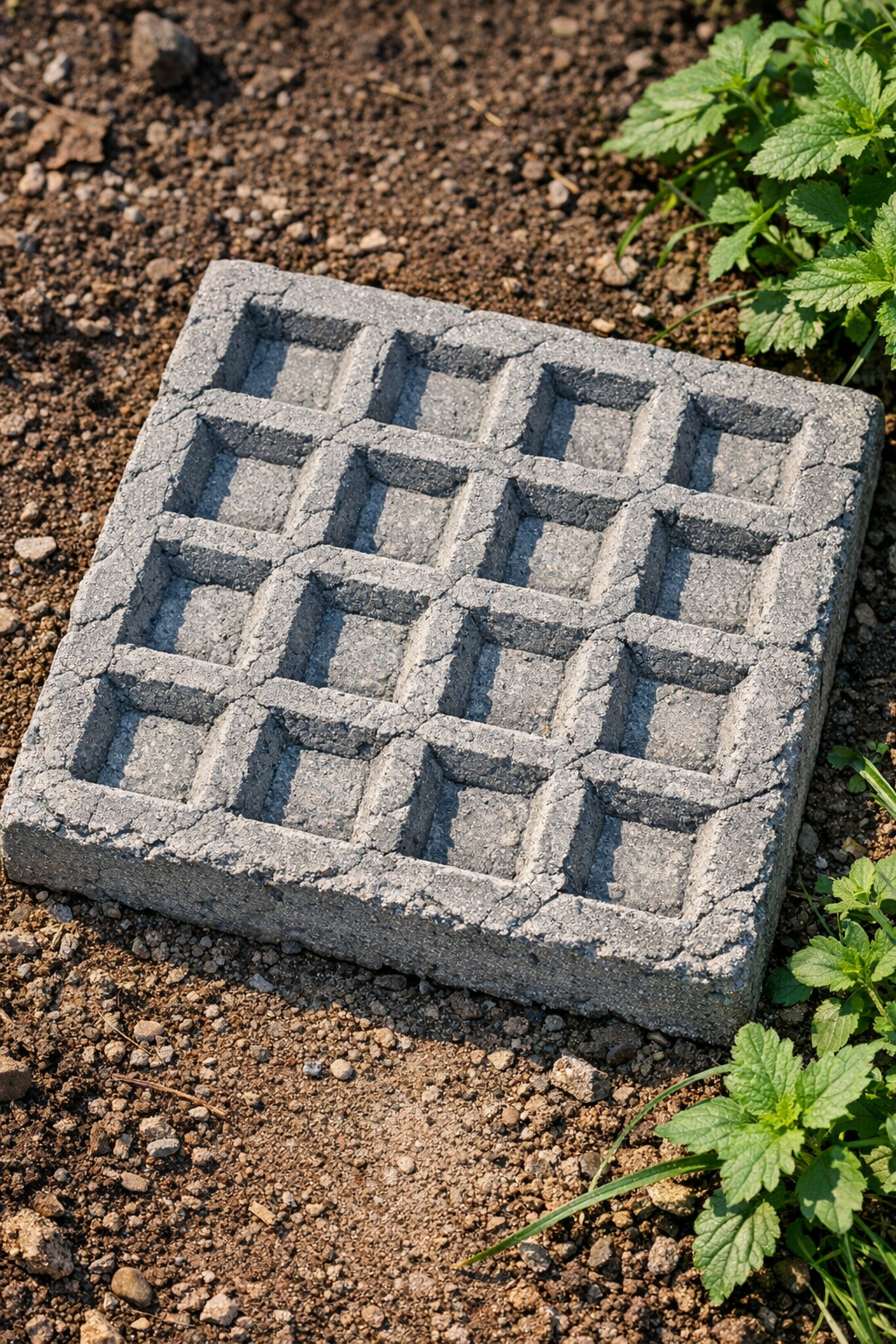 Finished waffle-textured grey cement garden paver with a carved-stone look