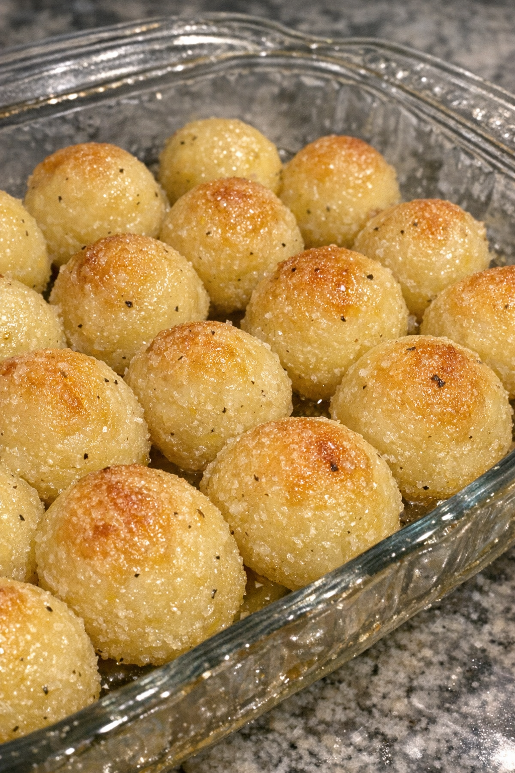 Golden potato parisienne cups in a vintage glass baking dish