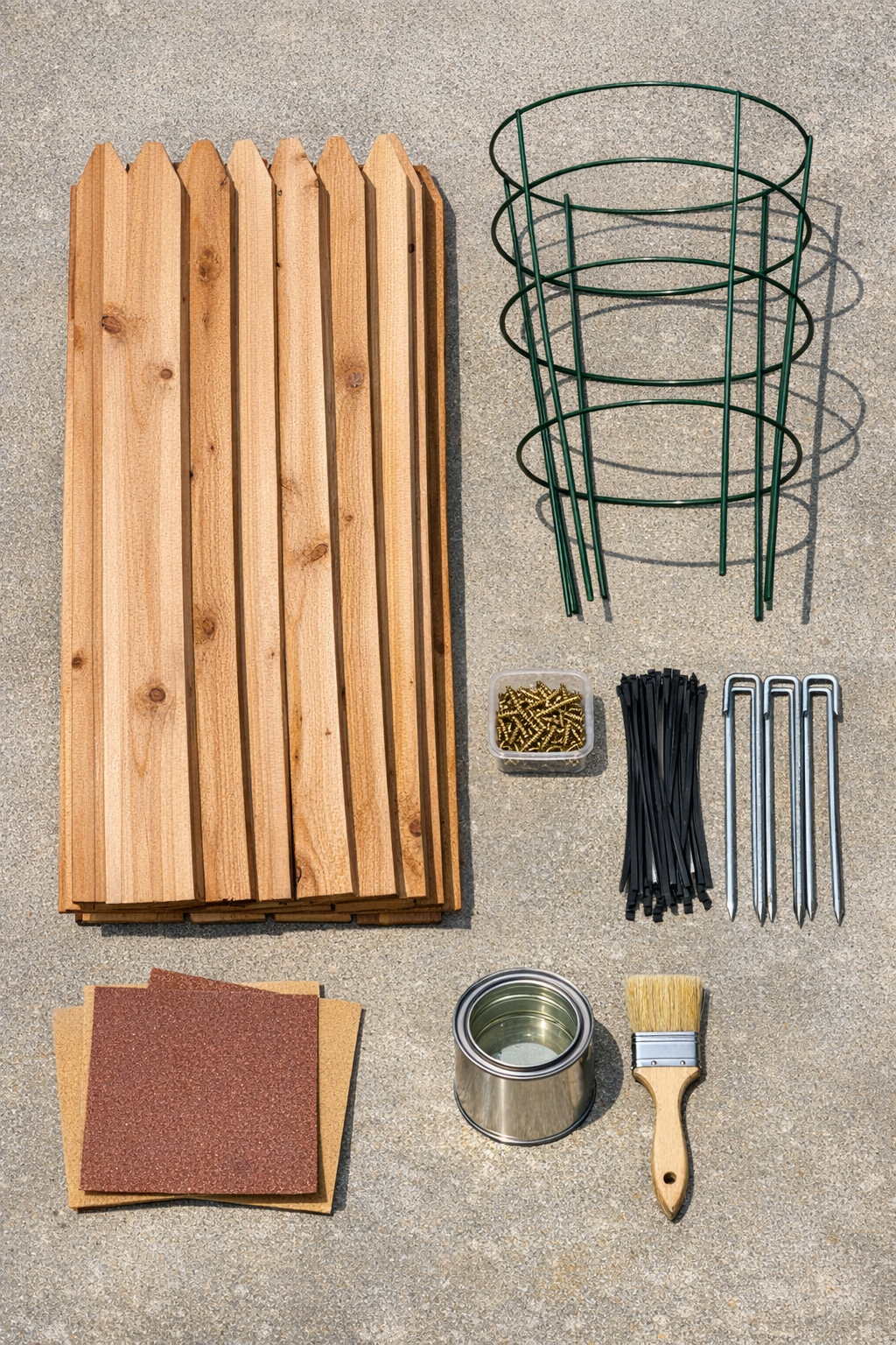 Cedar fence pickets, tall green metal tomato cages, screws, zip ties, landscape stakes, and outdoor finish laid out together