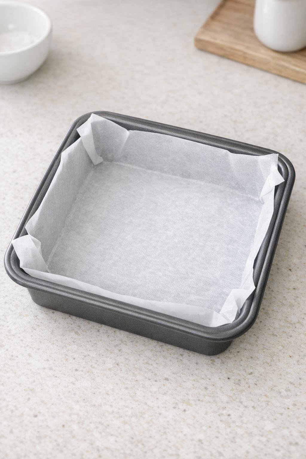 Parchment-lined square pan ready for fudge