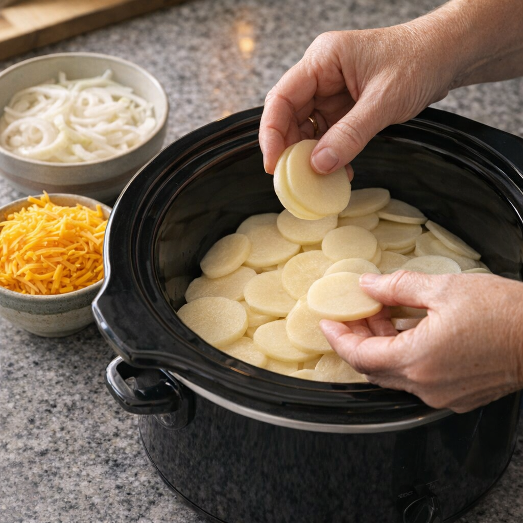 Hand layering sliced potatoes into a slow cooker