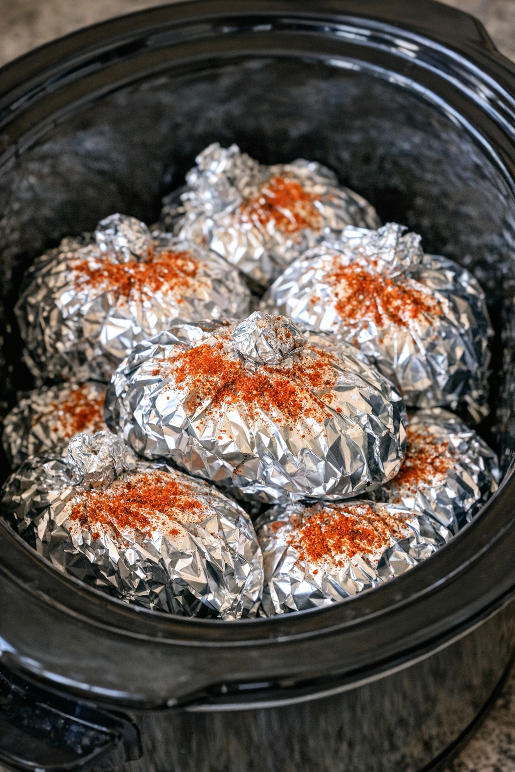 Slow cooker beef and okra foil packets in a black slow cooker