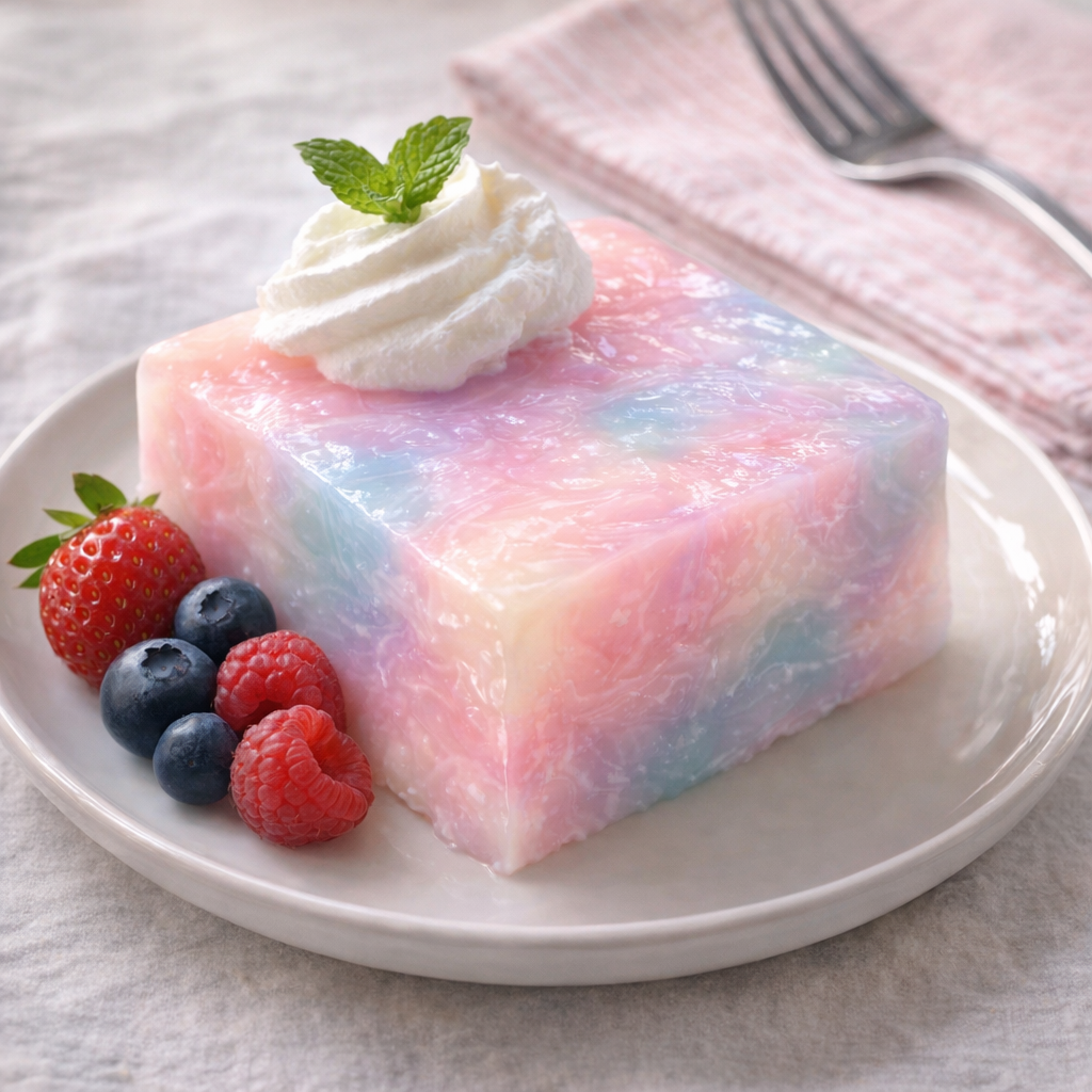 Sliced pastel gelatin dessert plated with berries and whipped cream