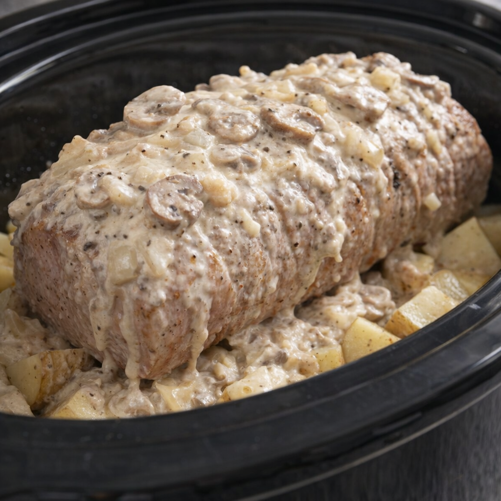 Soup mixture spread over pork loin in the crock
