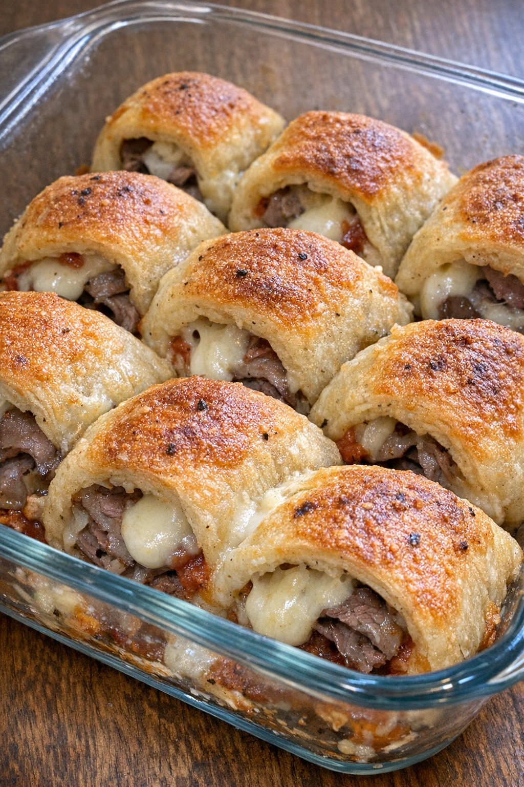 Close-up of baked beef stromboli bites