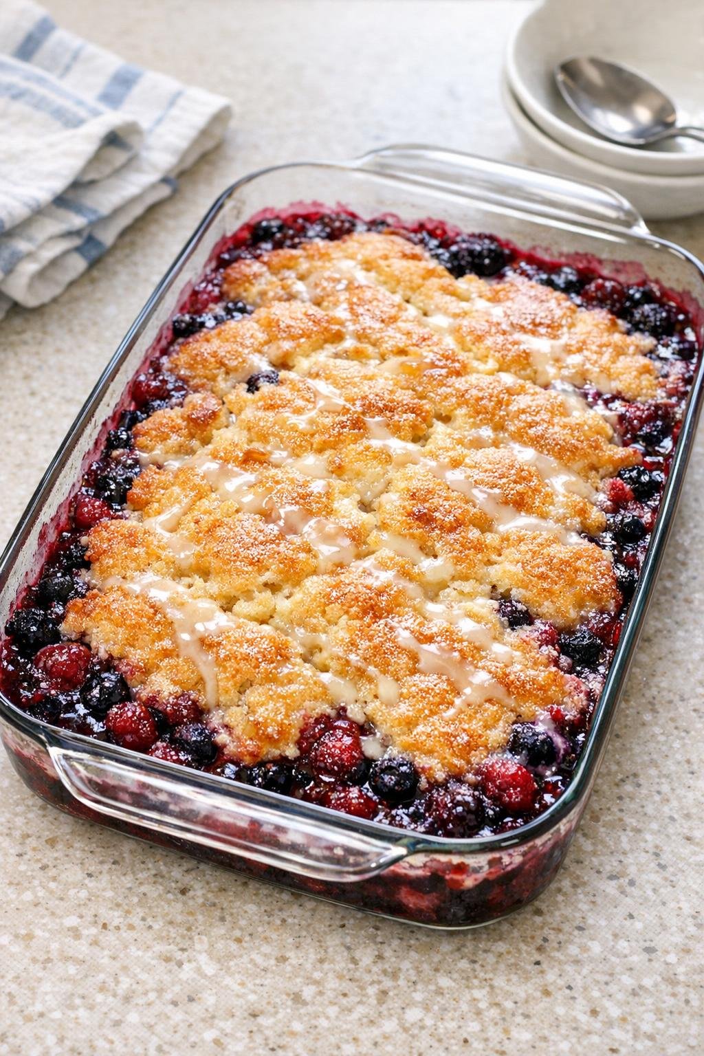 Finished berry cobbler baked in a glass baking dish