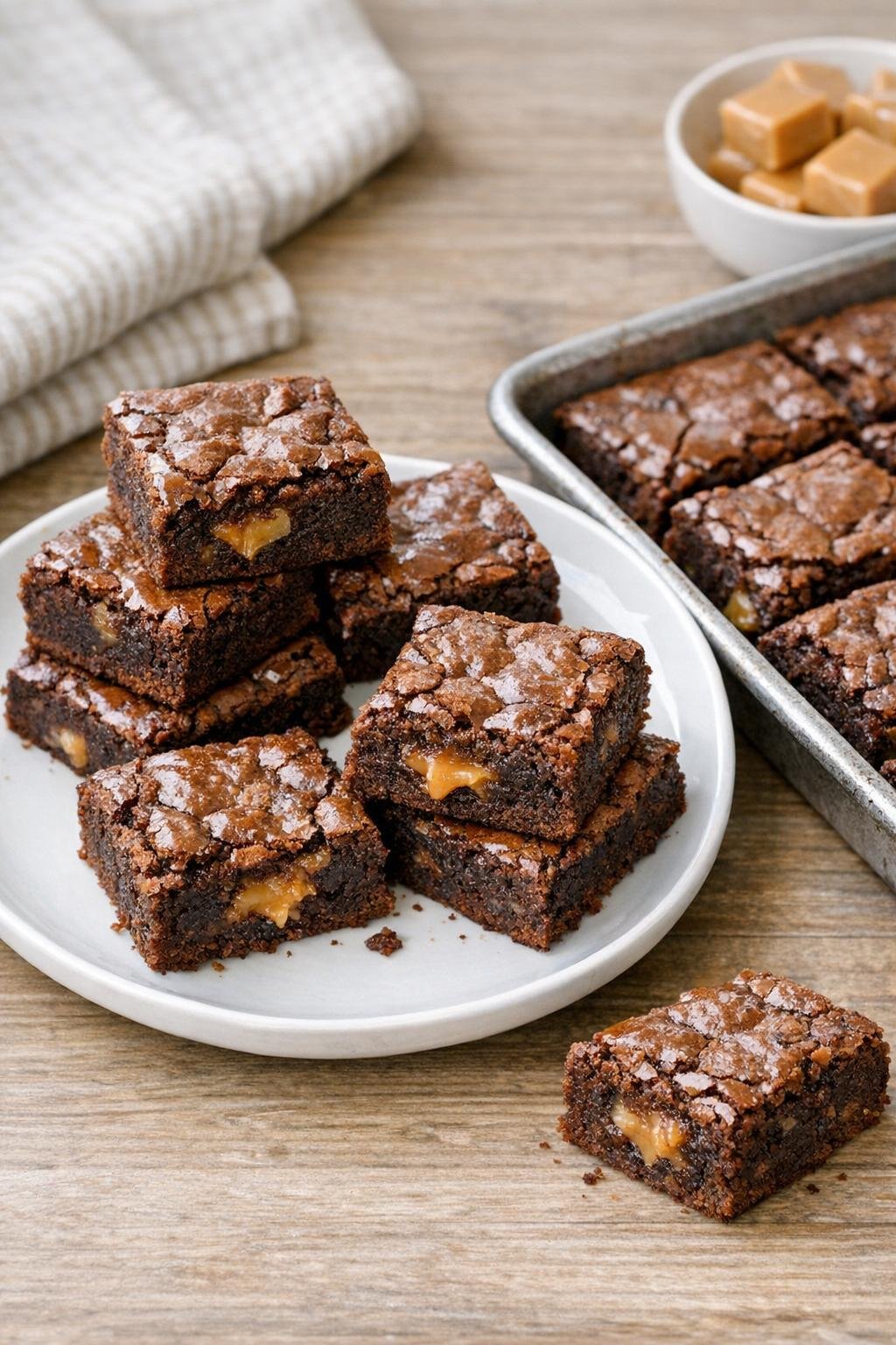 Finished vanilla caramel brownie bars on a plate