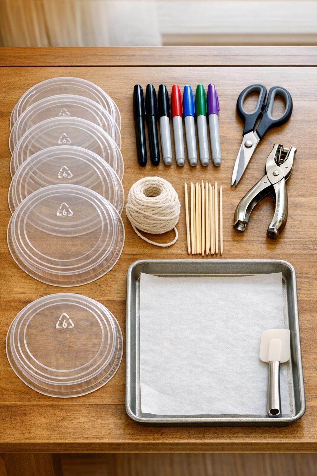 Materials for making shrink-plastic garden markers laid out on a table