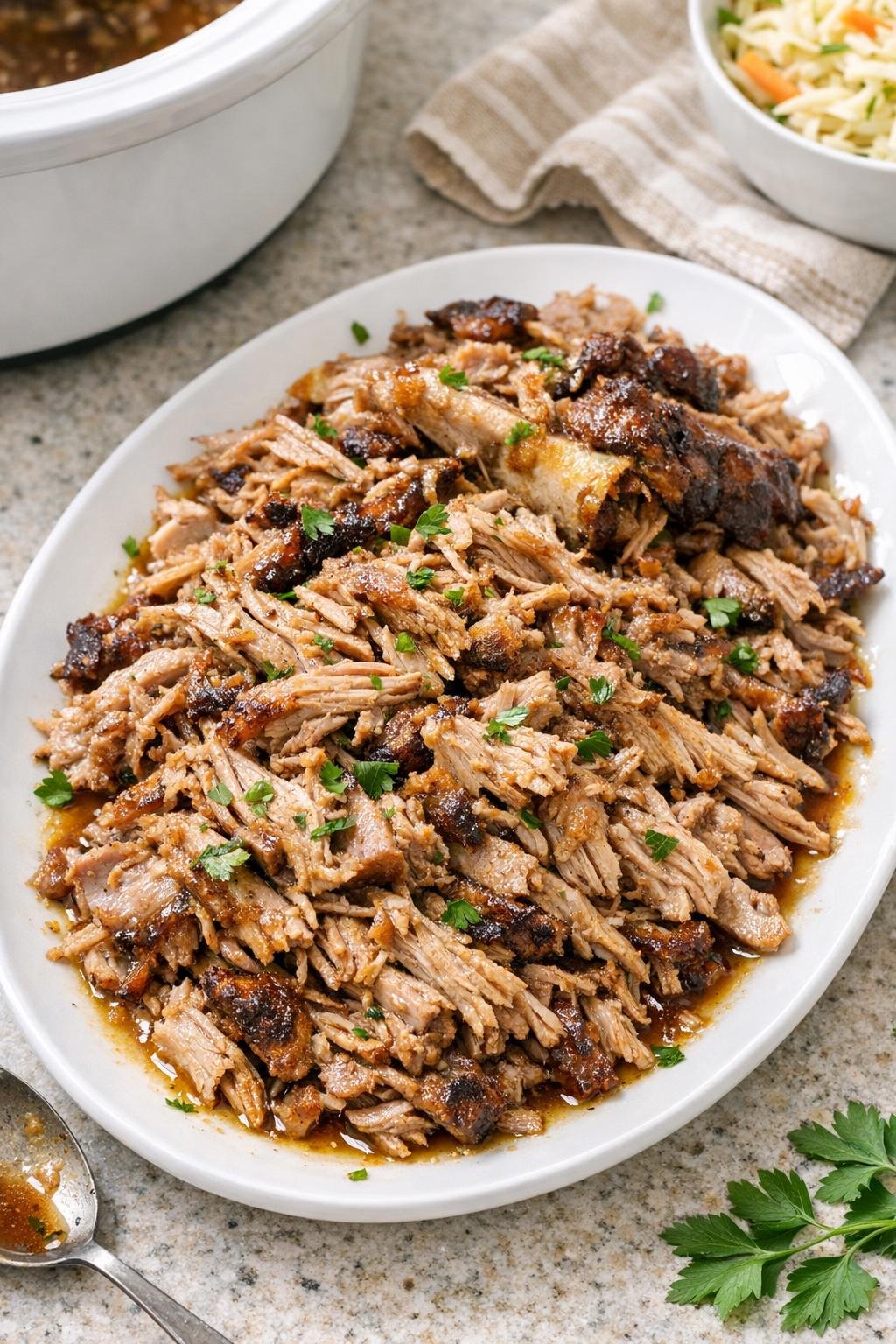 Finished fall-apart pork butt plated with cooking juices