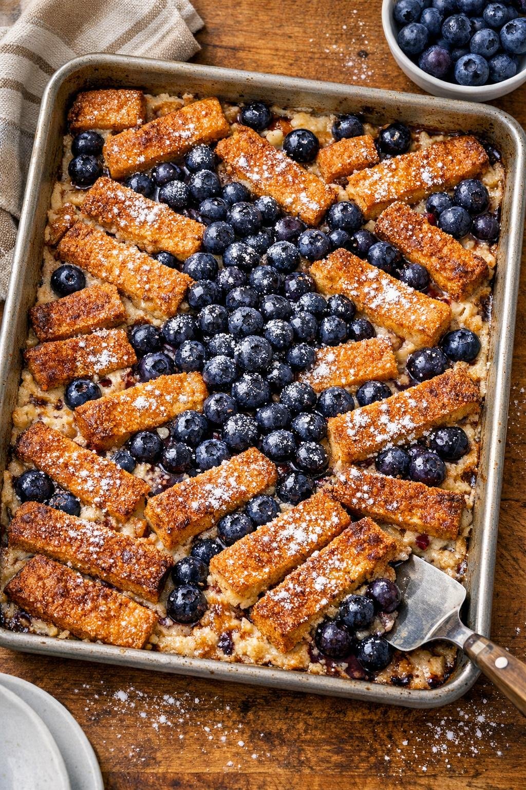 Baked french toast stick dessert in a sheet pan