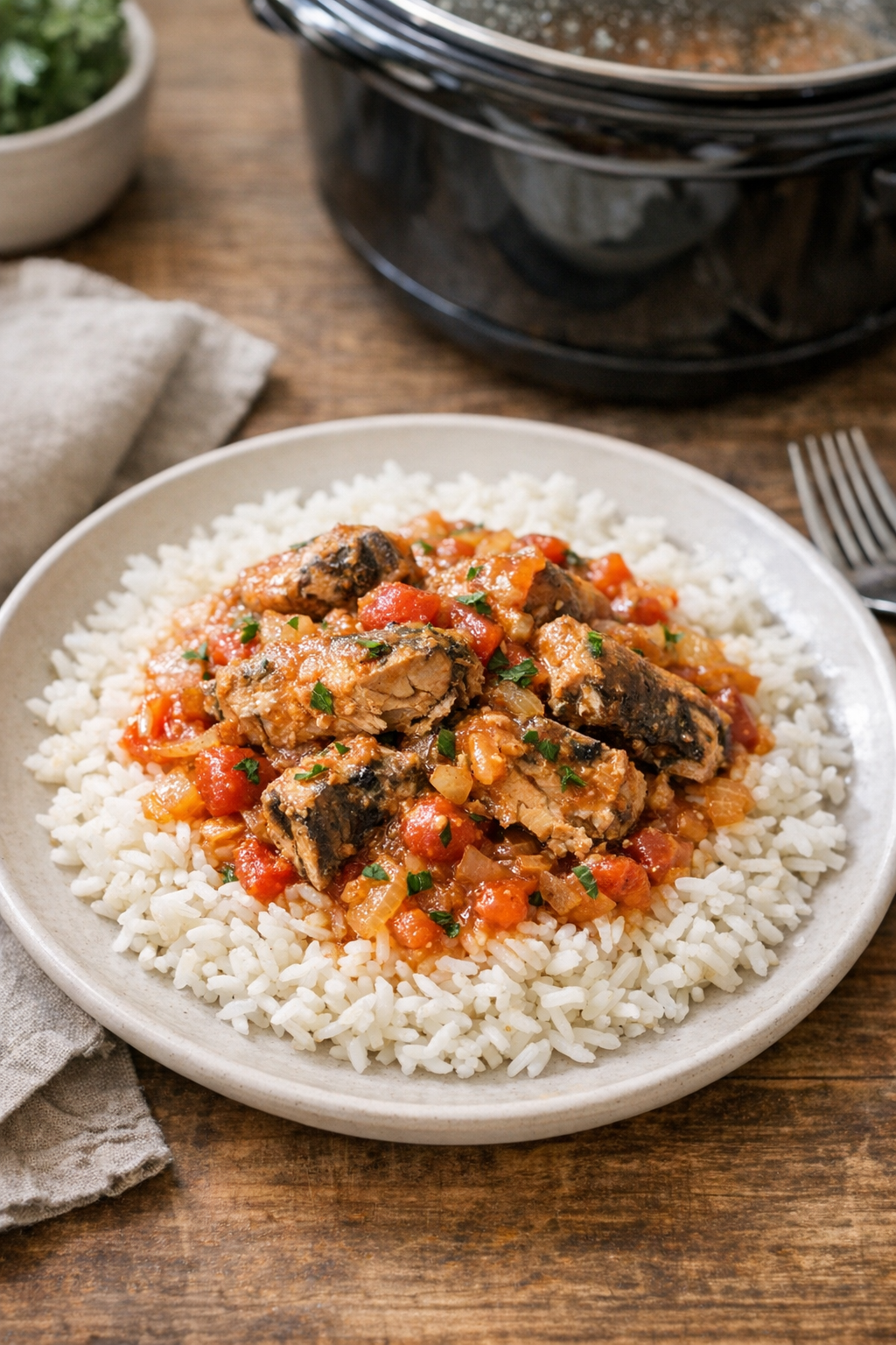 Finished slow cooker jack mackerel served over rice