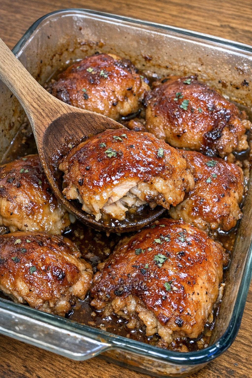 Glazed chicken thighs in a baking dish