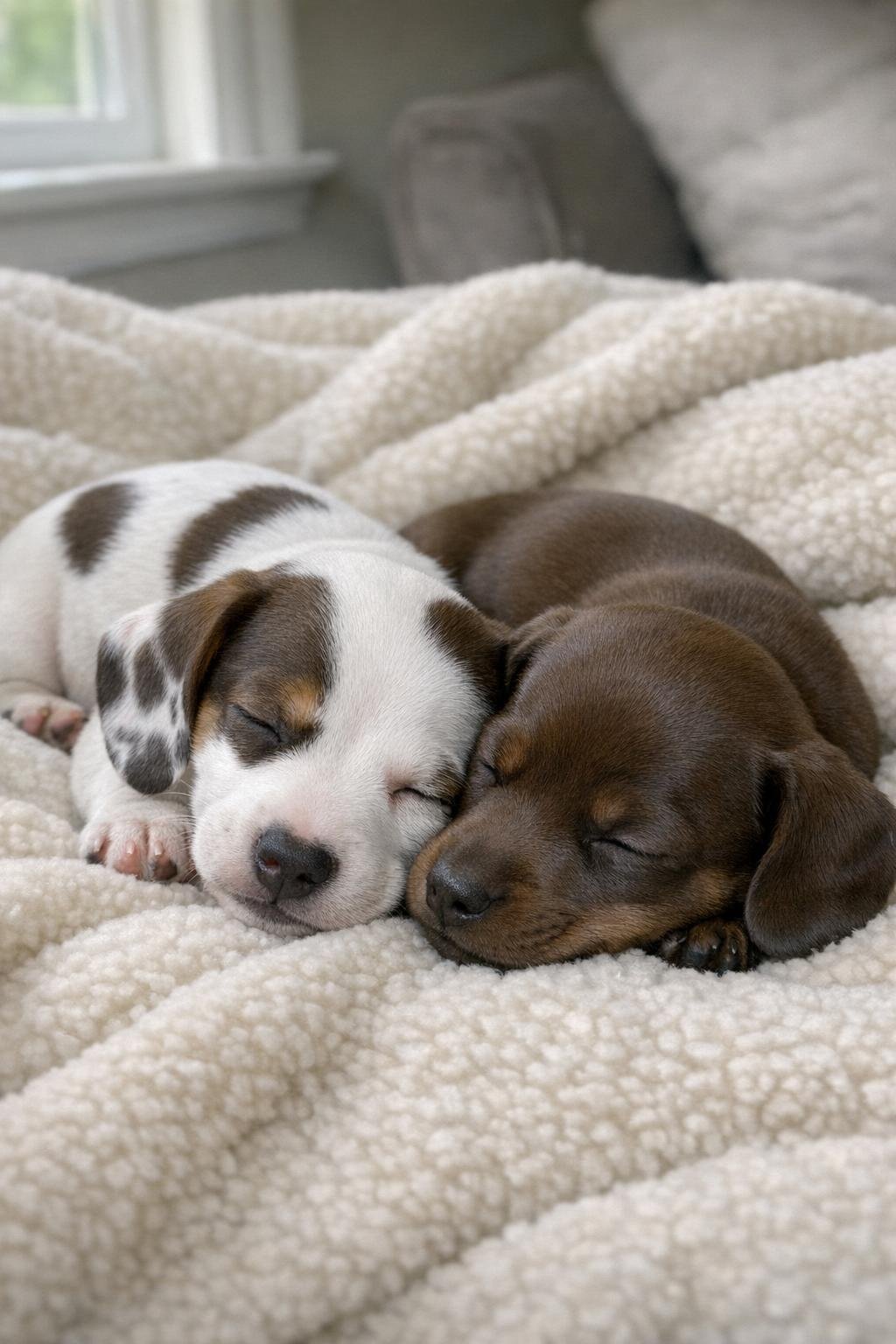 White Dachshund puppy with brown spots sleeping beside a solid brown littermate