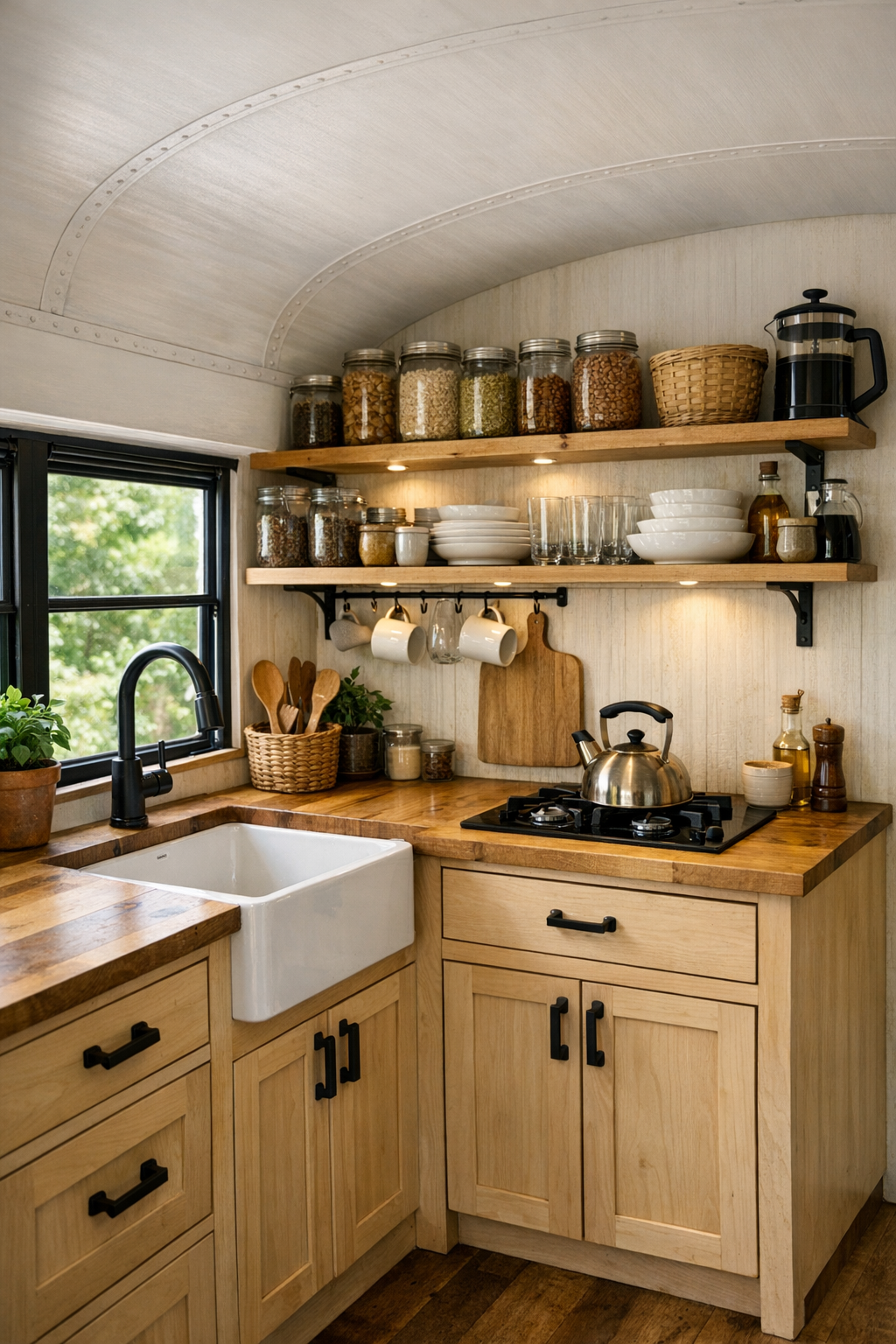 Galley kitchen in a converted bus with wood counters and open shelving