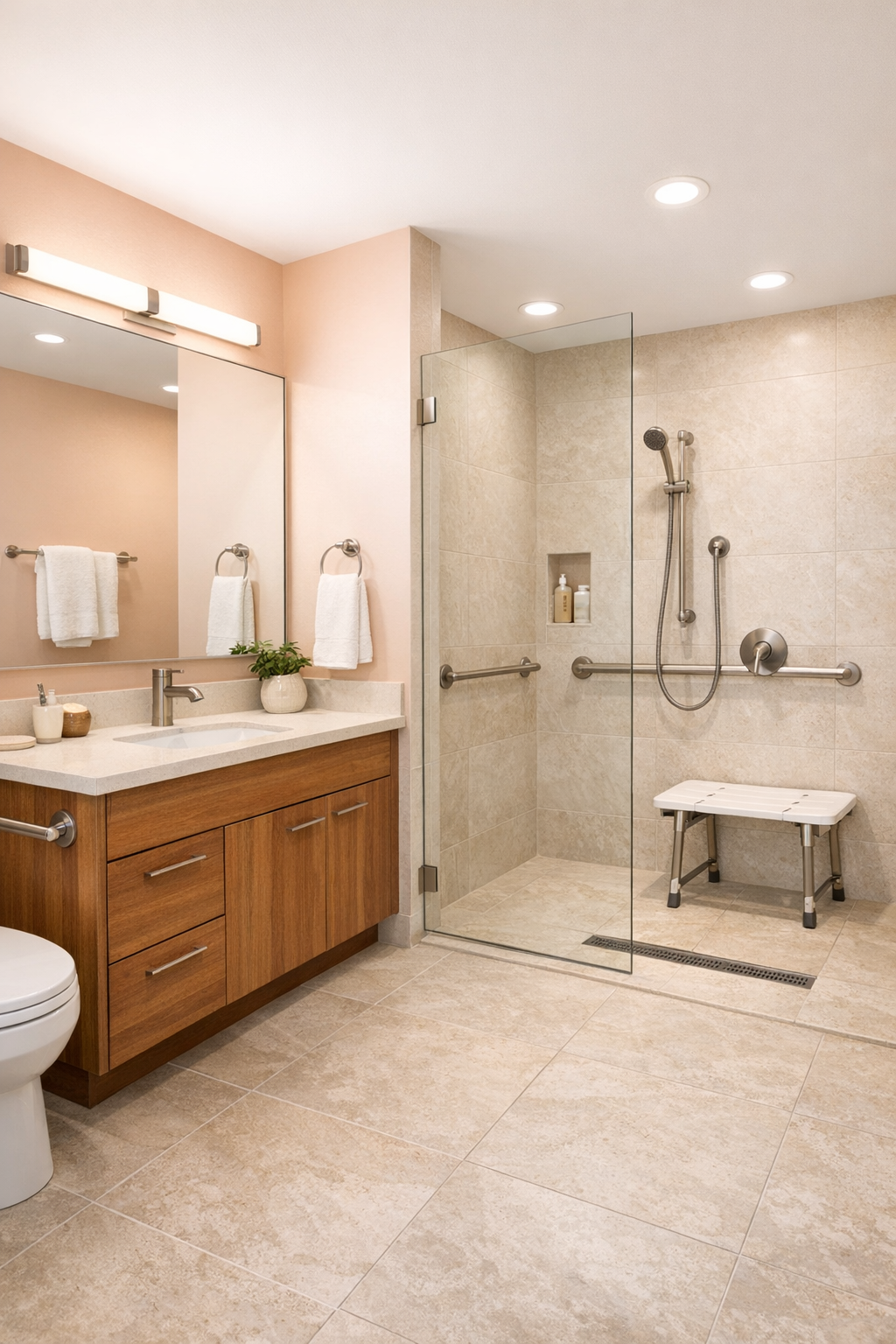 Modern accessible bathroom with curbless shower and warm wood vanity