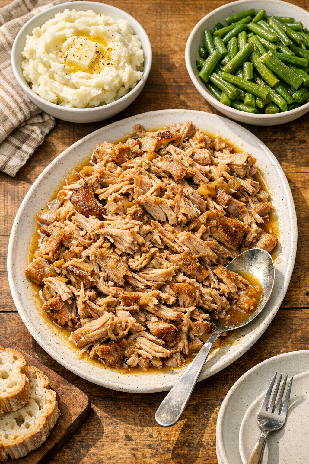 Finished slow cooker pork picnic roast on a platter