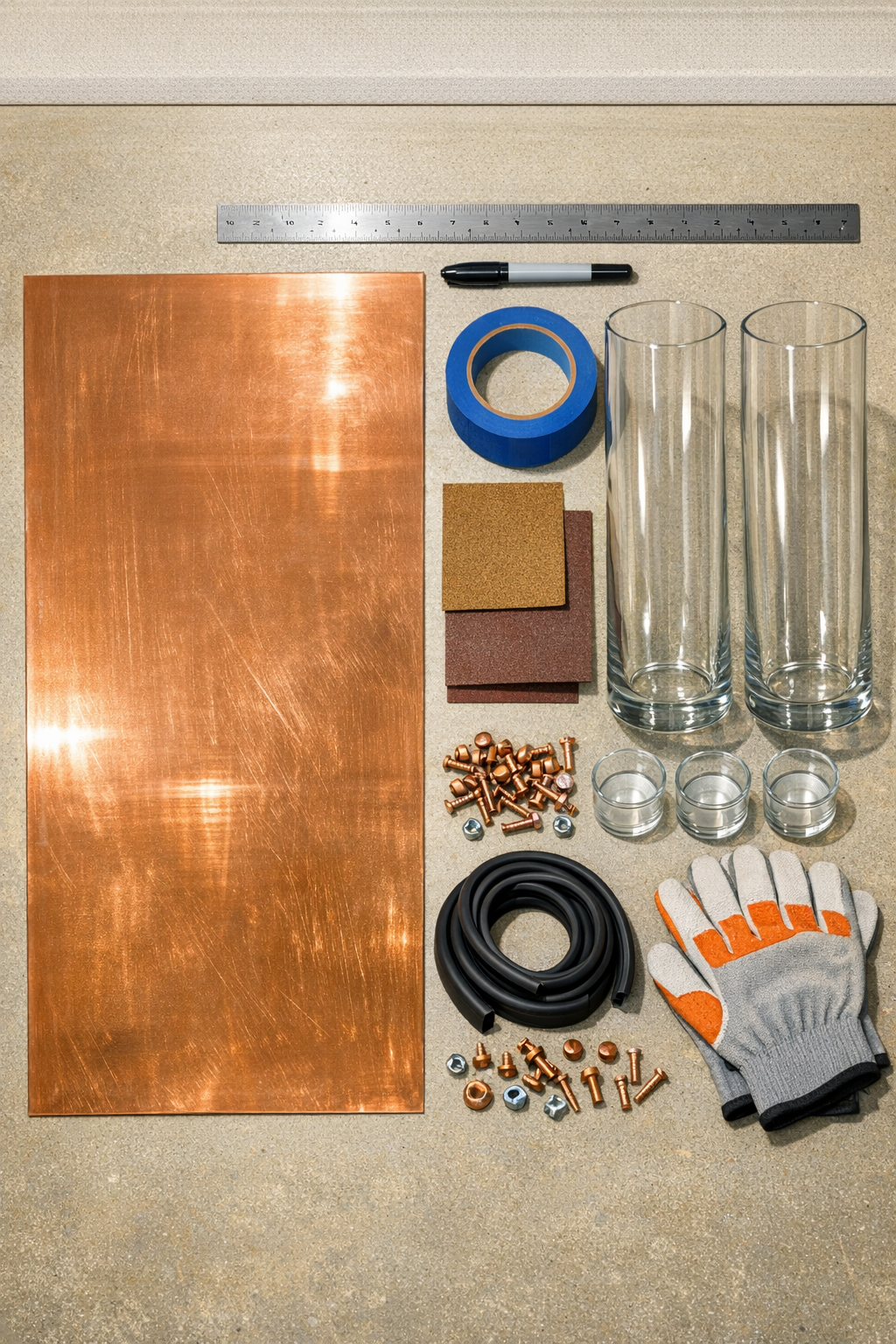 Copper sheet, tall glass hurricane vases, and hardware laid out for the project