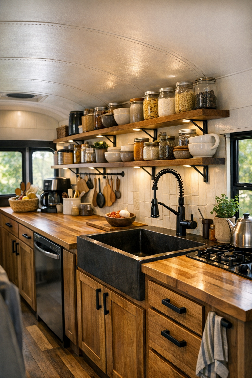 Warm off-grid bus kitchen with butcher-block counters, open shelving, and a deep sink