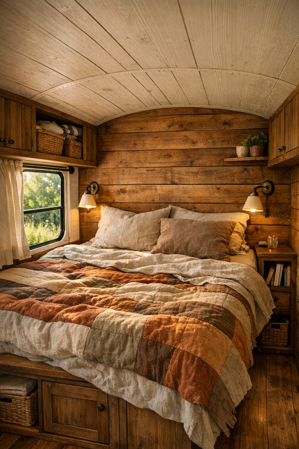 Peaceful built-in bedroom inside a converted bus with linen bedding and warm wood finishes