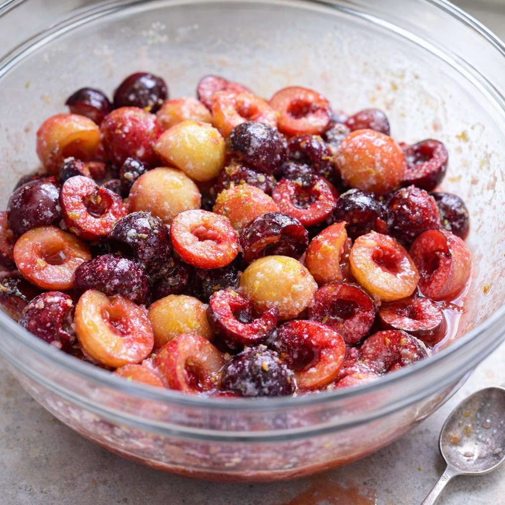 Cherry pie filling mixed in a glass bowl