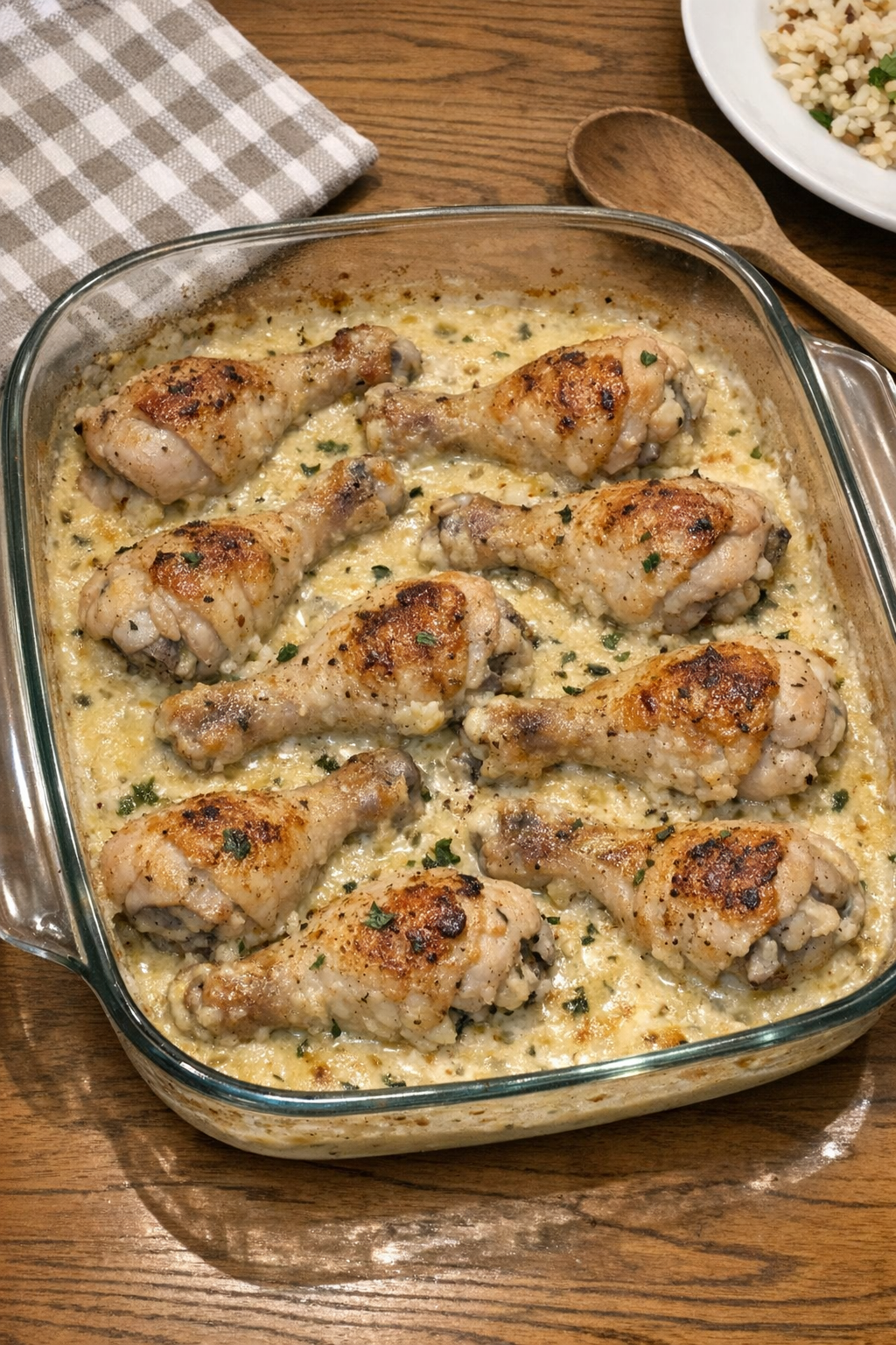 Baked chicken drumsticks in creamy sauce in a glass casserole dish