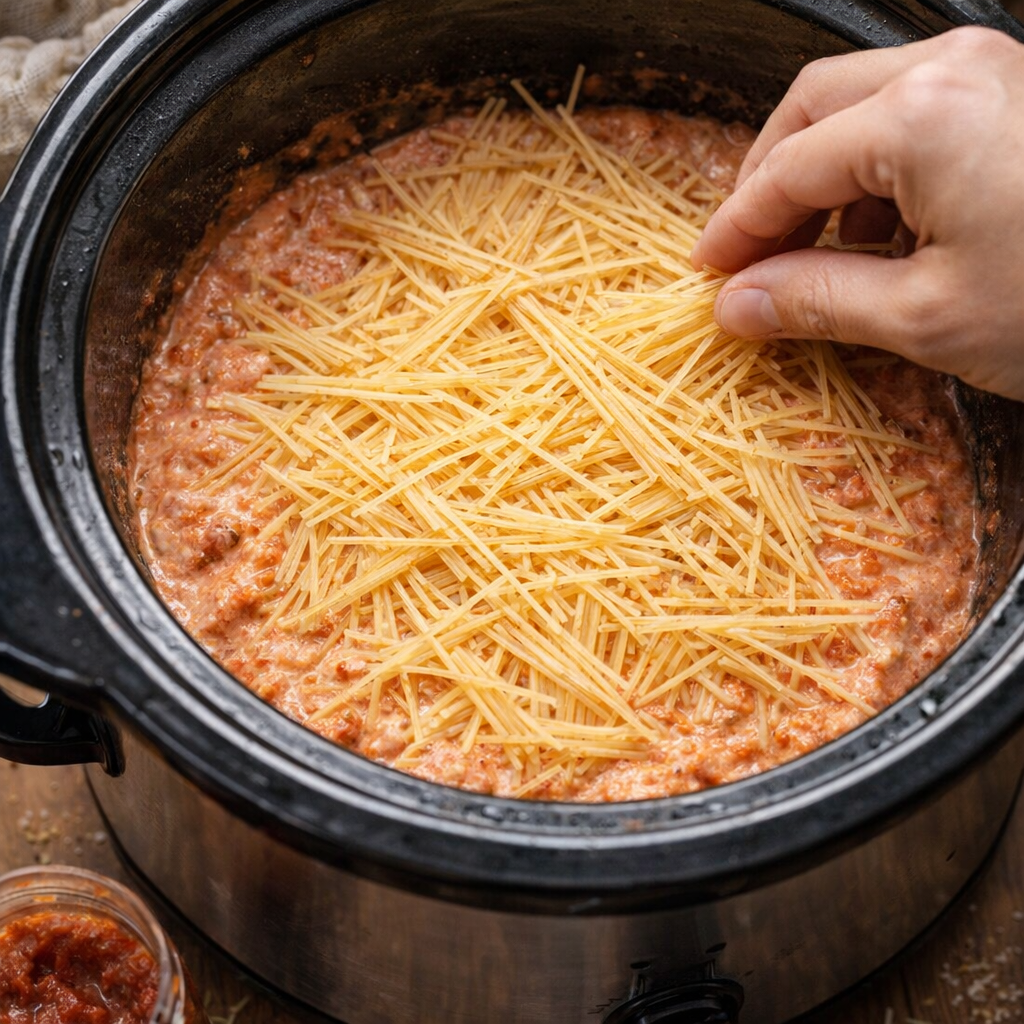 Angel hair pasta layered into a slow cooker