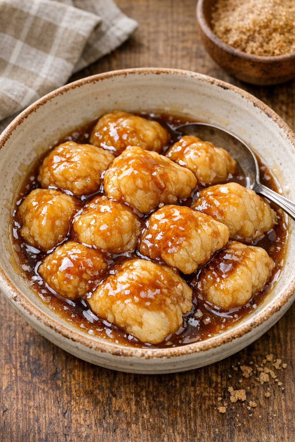 Finished caramel dumplings in a rustic serving bowl