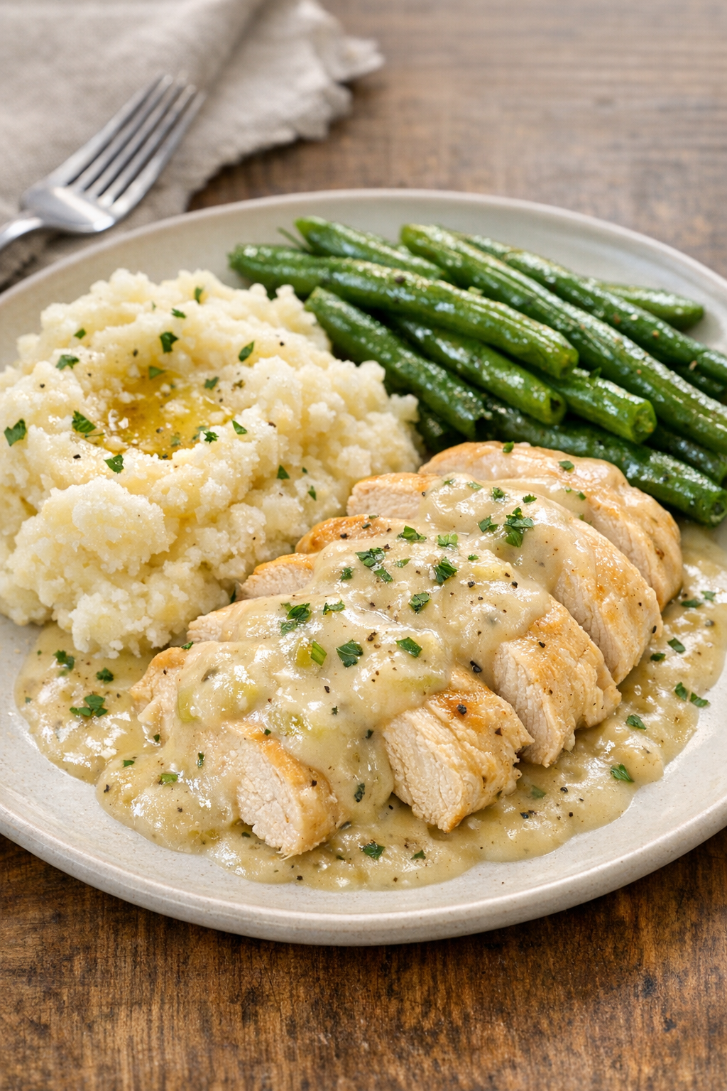 Plated cream of celery chicken with mashed potatoes and green beans