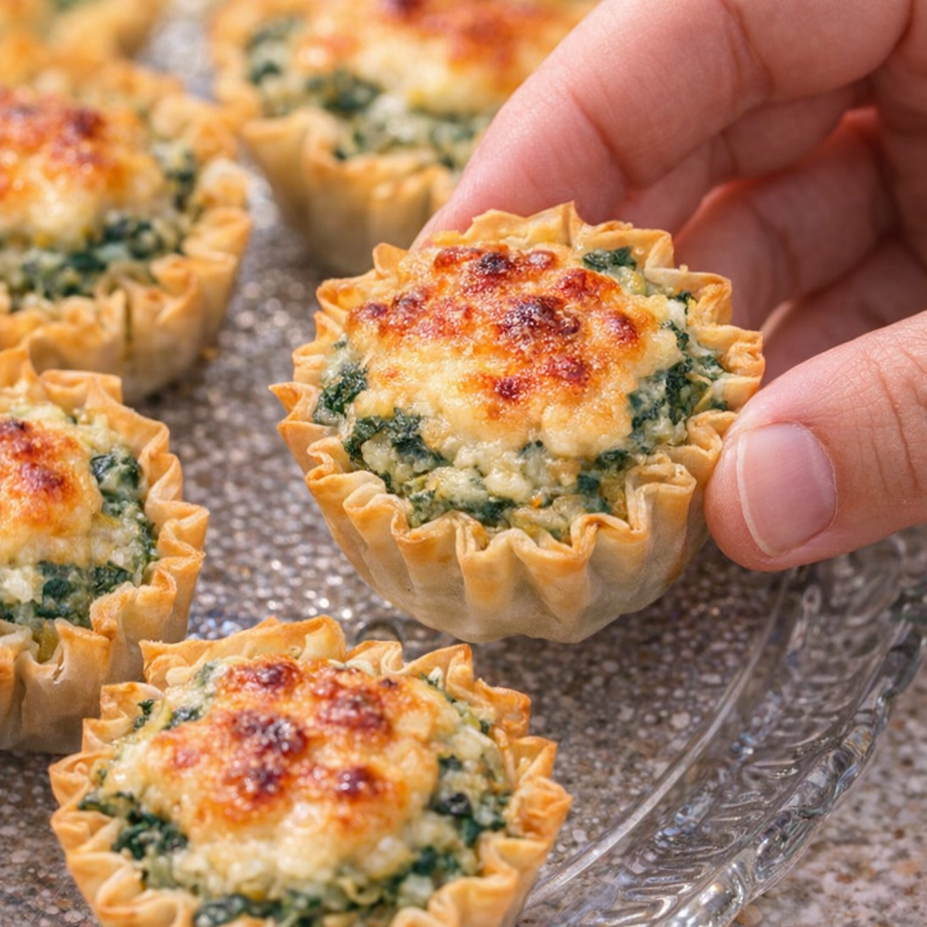 Hand lifting a baked spinach artichoke cup from a serving platter