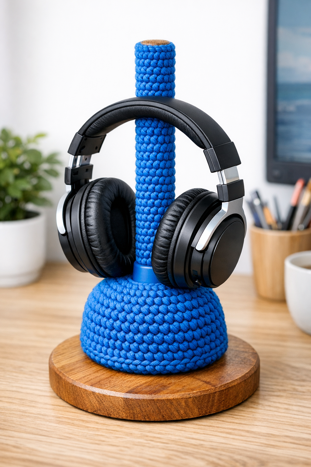 Finished crochet headphone stand made from an inverted plunger on a wooden base