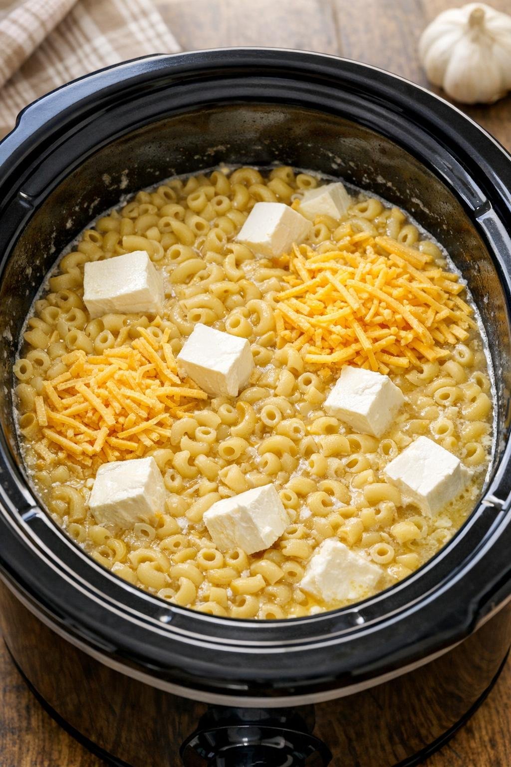 Macaroni and cheeses stirred together in the slow cooker