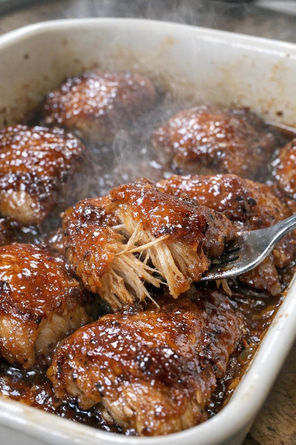 Roasted glazed protein bake in a ceramic dish
