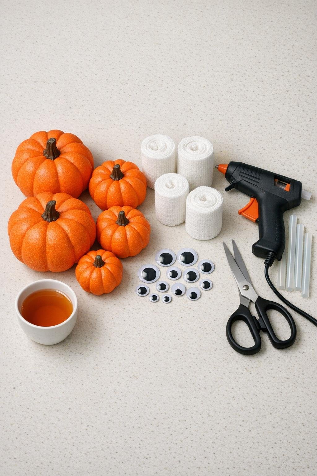 Materials for making gauze-wrapped foam pumpkins laid out on a counter