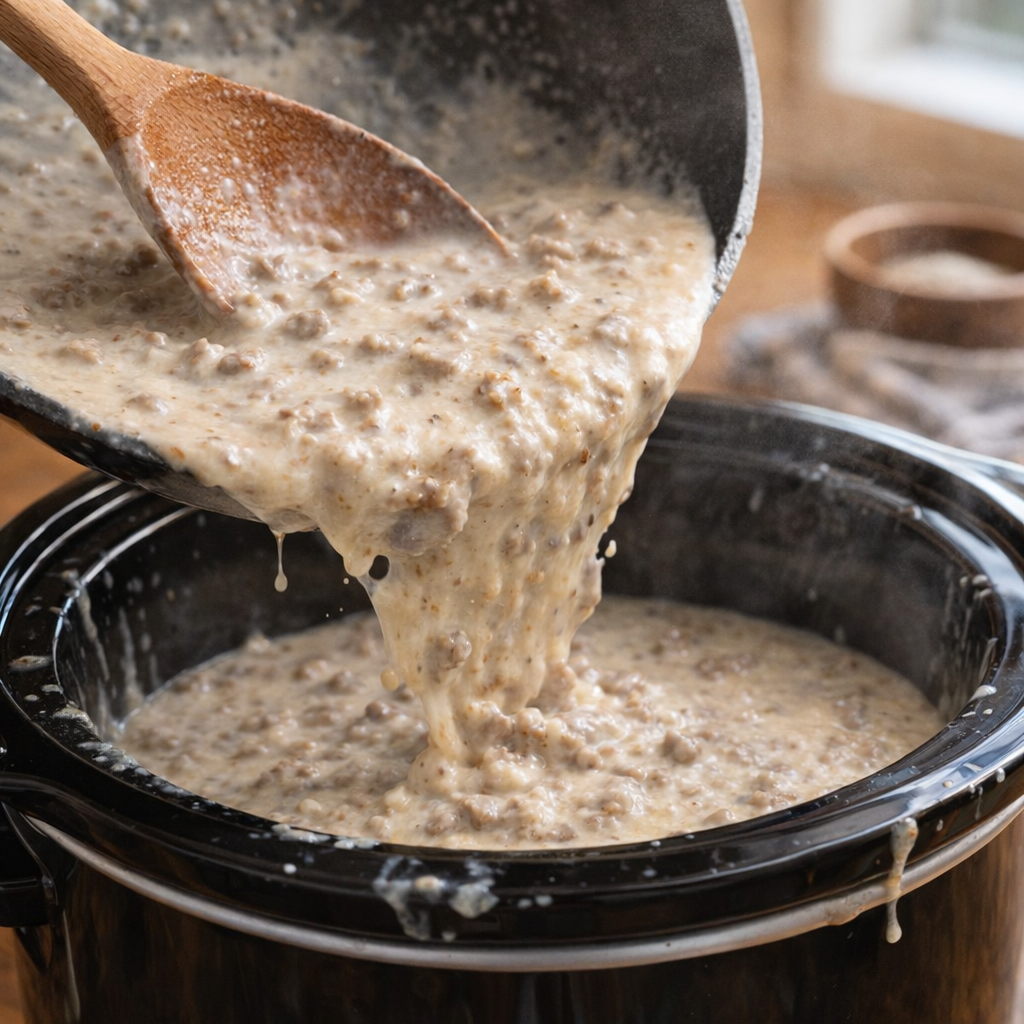 Hamburger gravy mixture being poured into a slow cooker