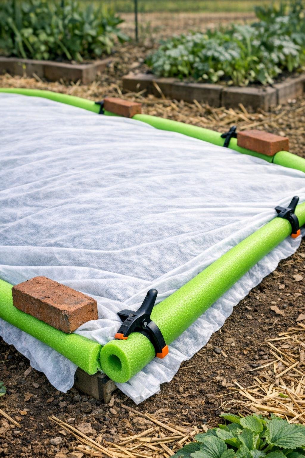 Finished garden bed cover secured with split pool noodle anchors