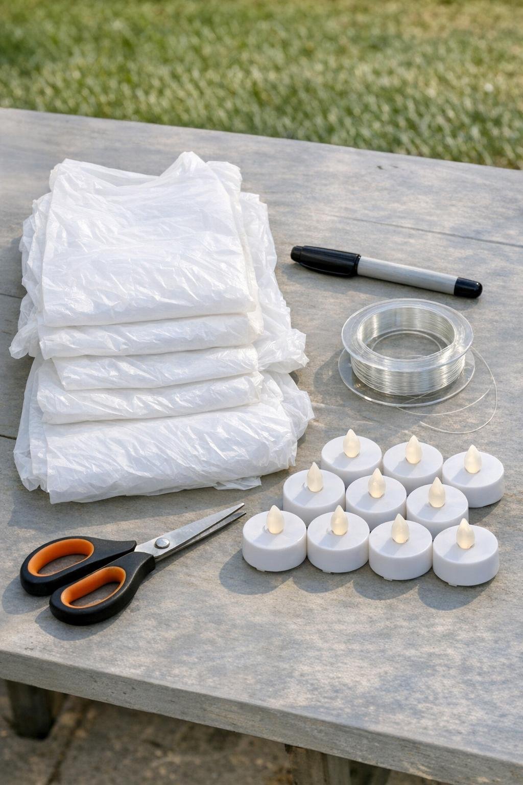 White plastic grocery bags, marker, fishing line, scissors, and LED tea lights laid out for the project